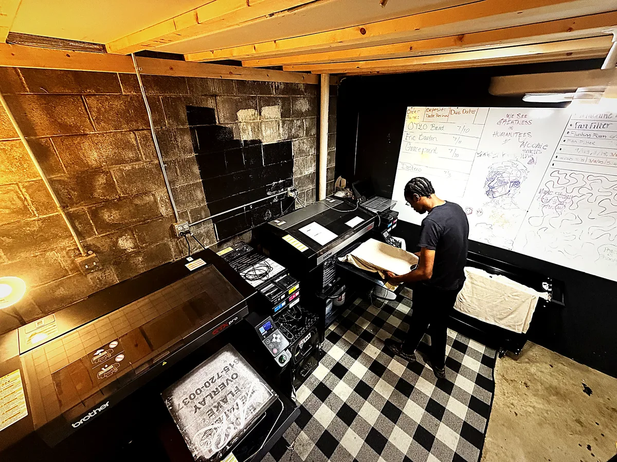 Overhead view of the Humanitees DTG print room mid-run