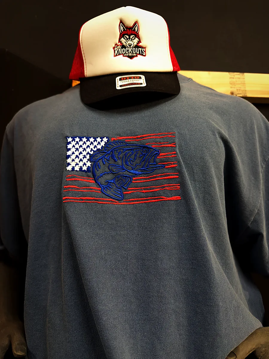 American-flag bass design embroidered on a tee