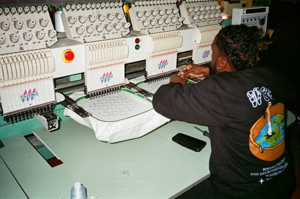 Embroidery machine stitching a custom design