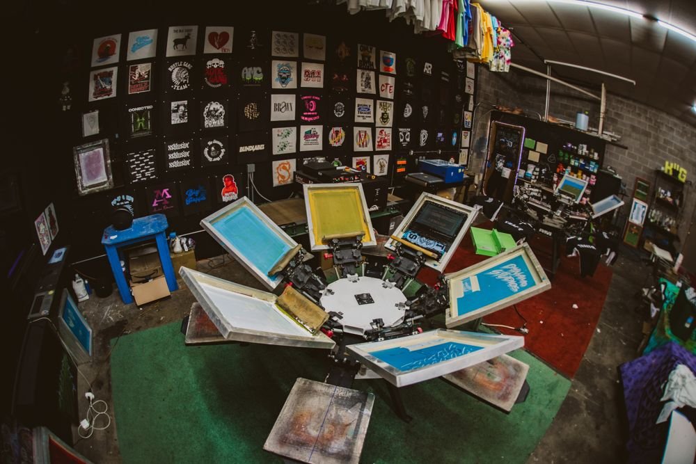 Six-color carousel press in the Humanitees print room